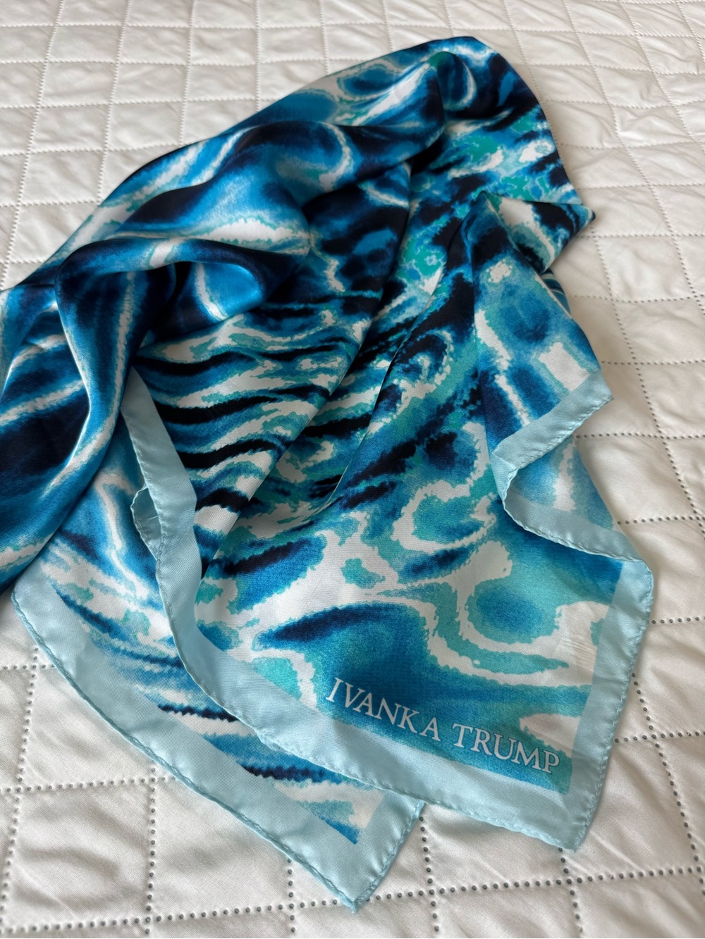 Ivanka Trump Blue Abstract Silk Scarf 35 in Square Watercolor Ocean Print Wrap